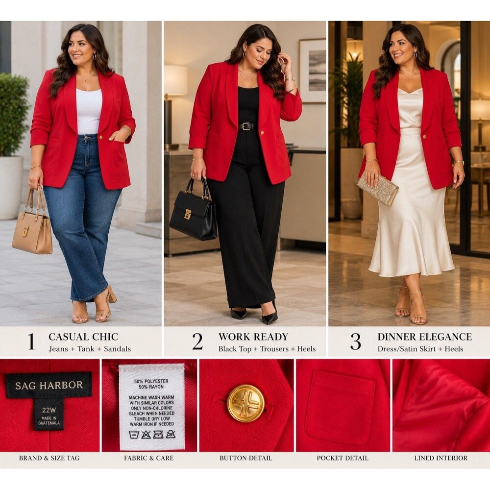 Sag Harbor Long Blazer Women 22W Plus Red One Button Collared Long Sleeve Jacket